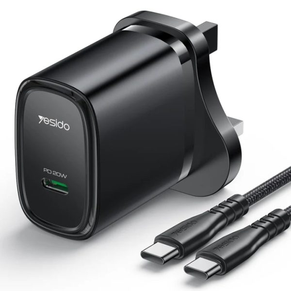 Yesido YC76BC PD 20W USB-C / Type-C Port Quick Charger with Type-C to Type-C Cable, UK Plug (Black) - Image 2