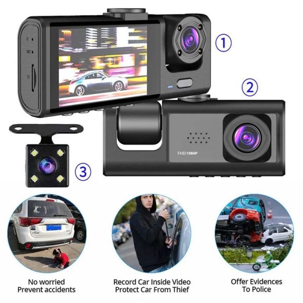 Dash Cam W/ IR Night Vision Loop Recording & 2" IPS Screen 1080P 3 Camera - Image 3